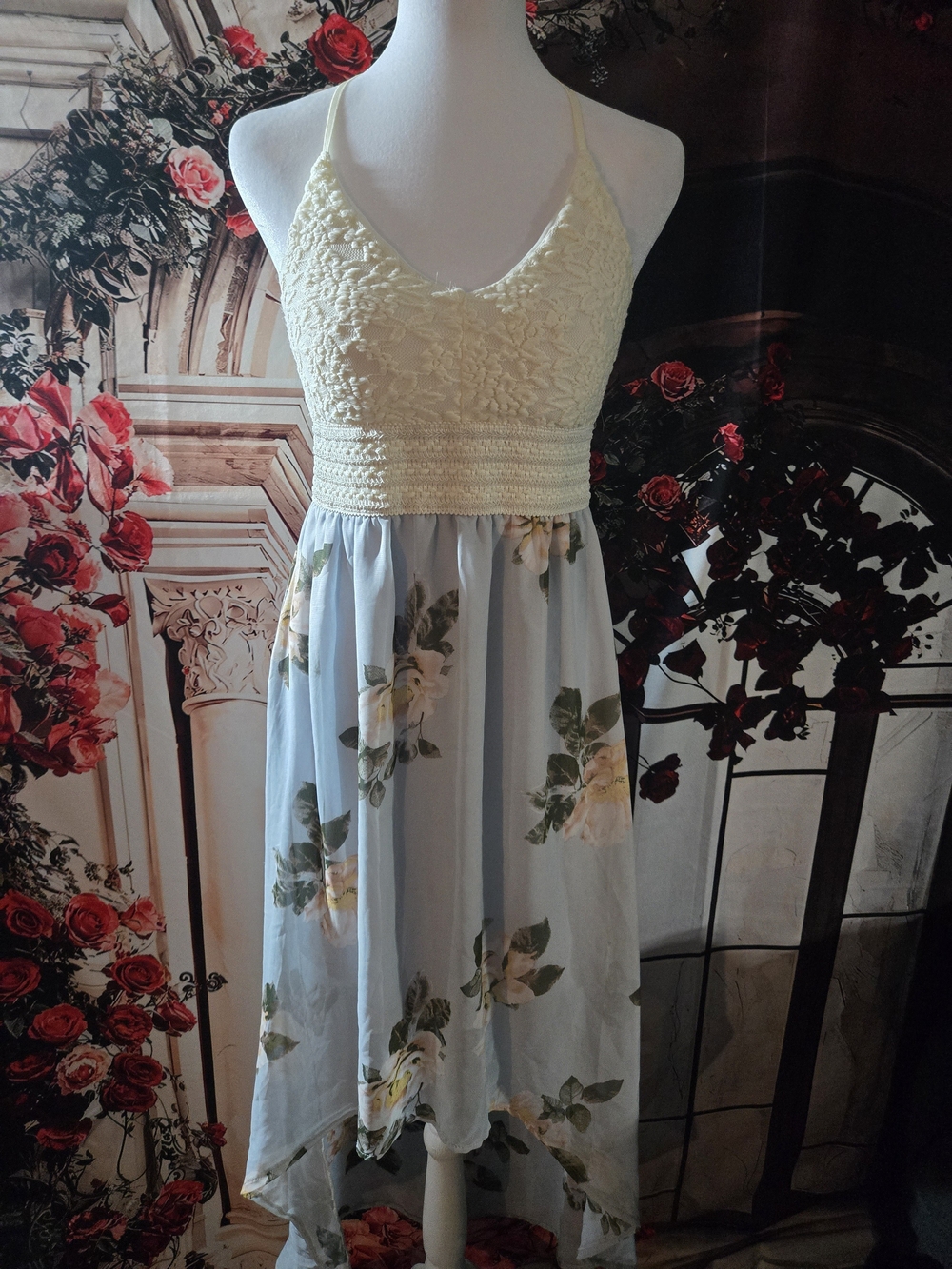 J for Justify Cream Lace Bodice Blue Floral High-Low Dress